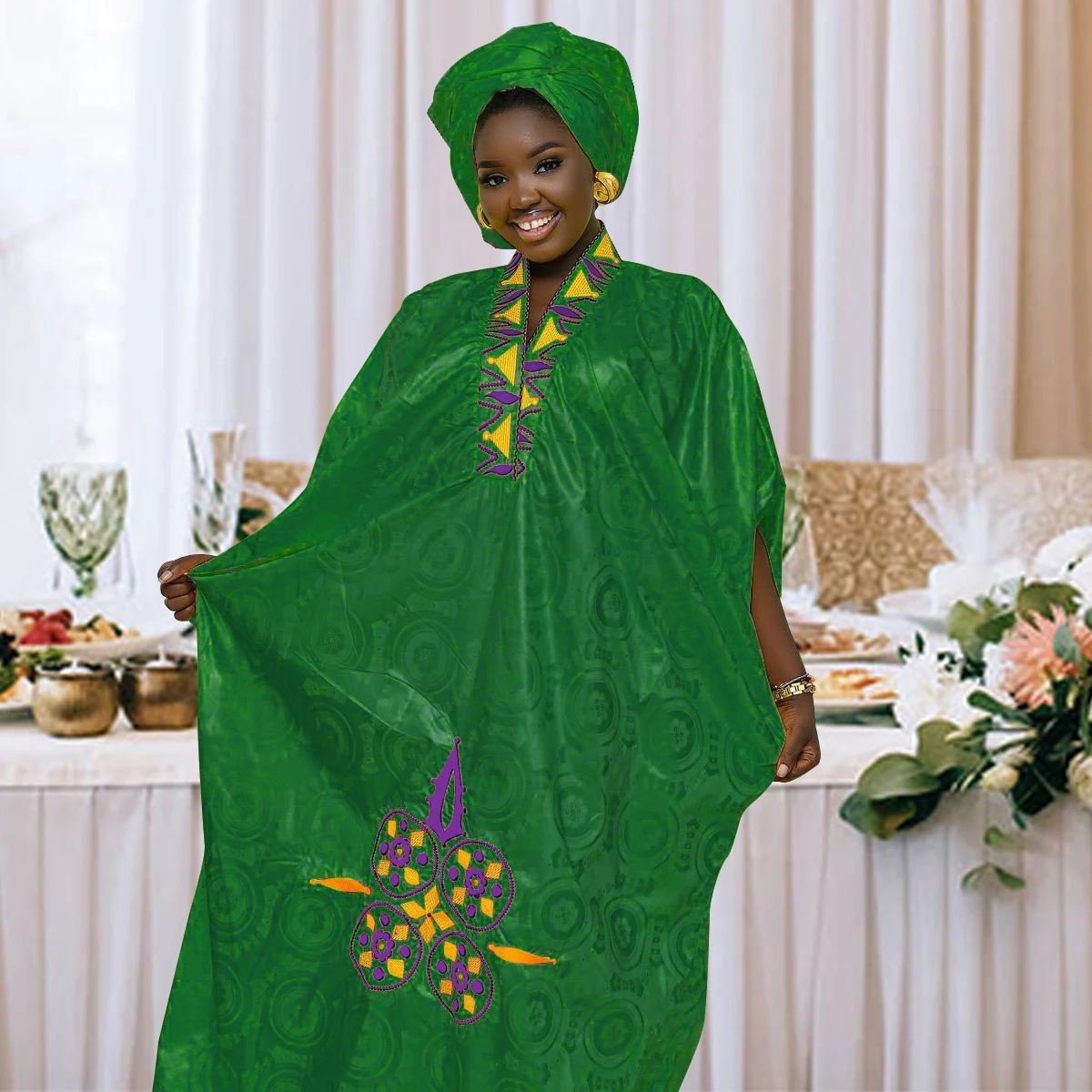 African Dress For Woman Bazin Riche Embroidery Design Floor Length With Scarf | Africa Clothing