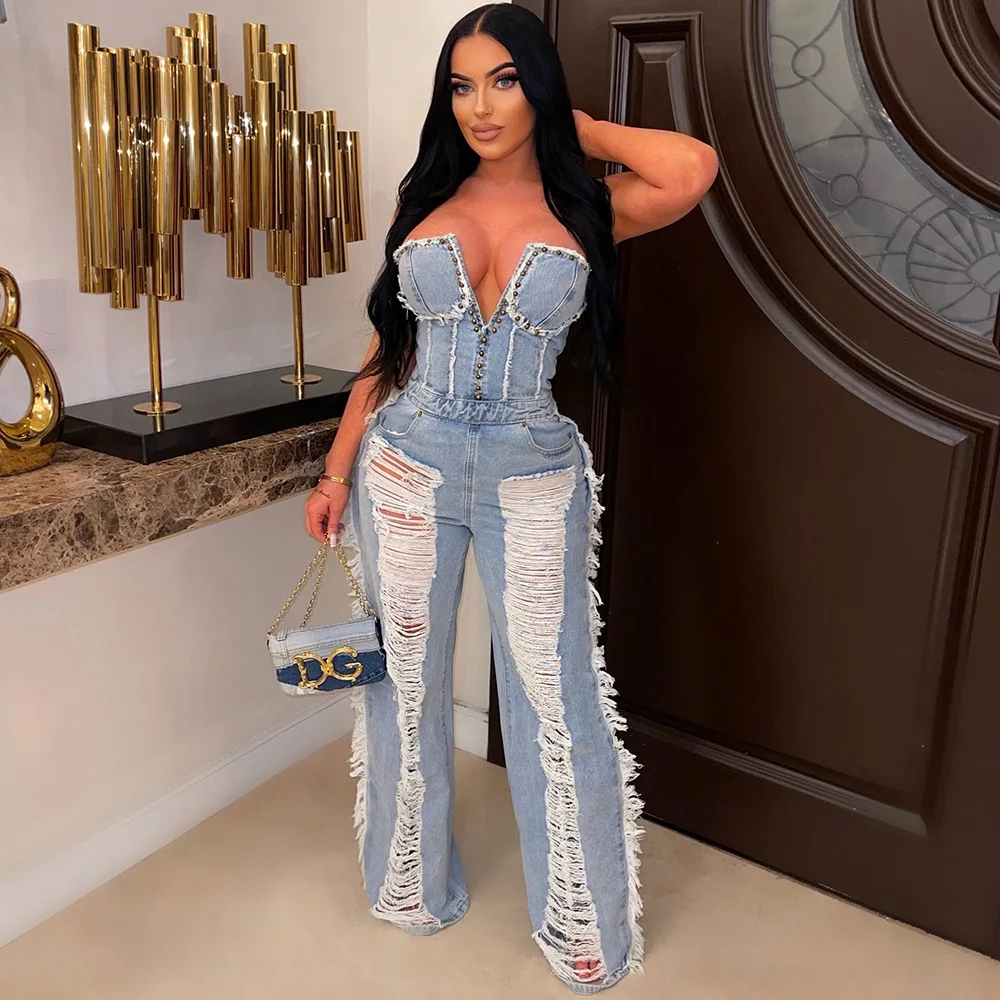 

Good Selling 2023 summer fashion sexy hollowed out broken sleeveless zipper long breast wrapped women denim one piece jumpsuit
