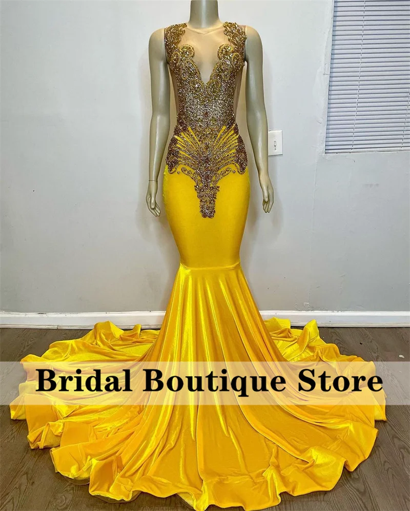 

New Arrival 2023 Yellow Mermaid Prom Dress 2023 For Black Girls Golden Crystals Mesh Rhinestones Party Gown Robe De Bal