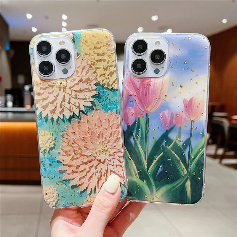 Чехол в винтажном стиле с цветочным рисунком зернистая Золотая фольга подходит