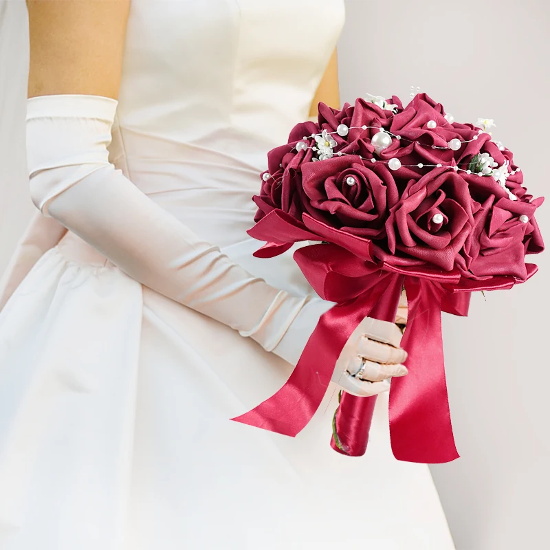 

Holding Flowers Artificial Natural Rose Wedding Bouquet With Silk Satin Ribbon White Burgundy Bridesmaid Bridal Party Decoration