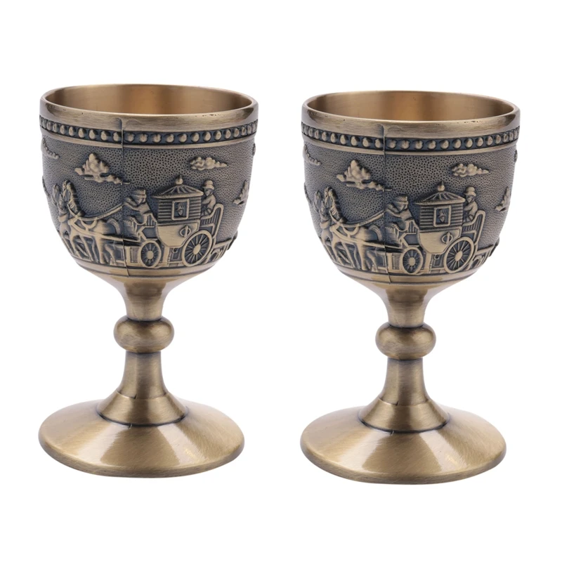 

2X Classical Metal Wine Cup Handmade Small Goblet Household Copper Wine Glass Carving Pattern