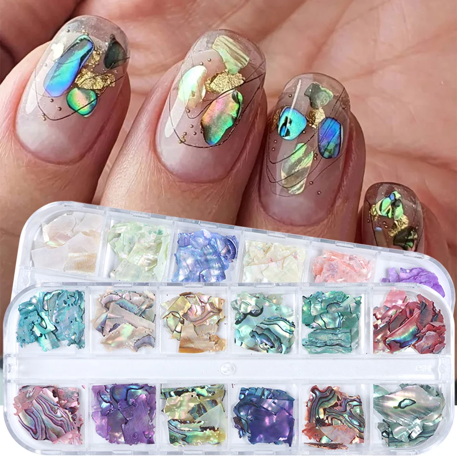 

Natural Abalone Shell Slices Nail Art Decorations 3D Broken Sea Shell Stone Flakes Aurora Charms Nails Accessories Manicure TRBY