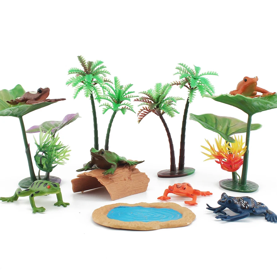 

Plastic Lifelike Frog Toys Lotus Pond Tree Set with 6PCS Mini Frogs Figurines Garden Decoration Cute Education Kids Toys
