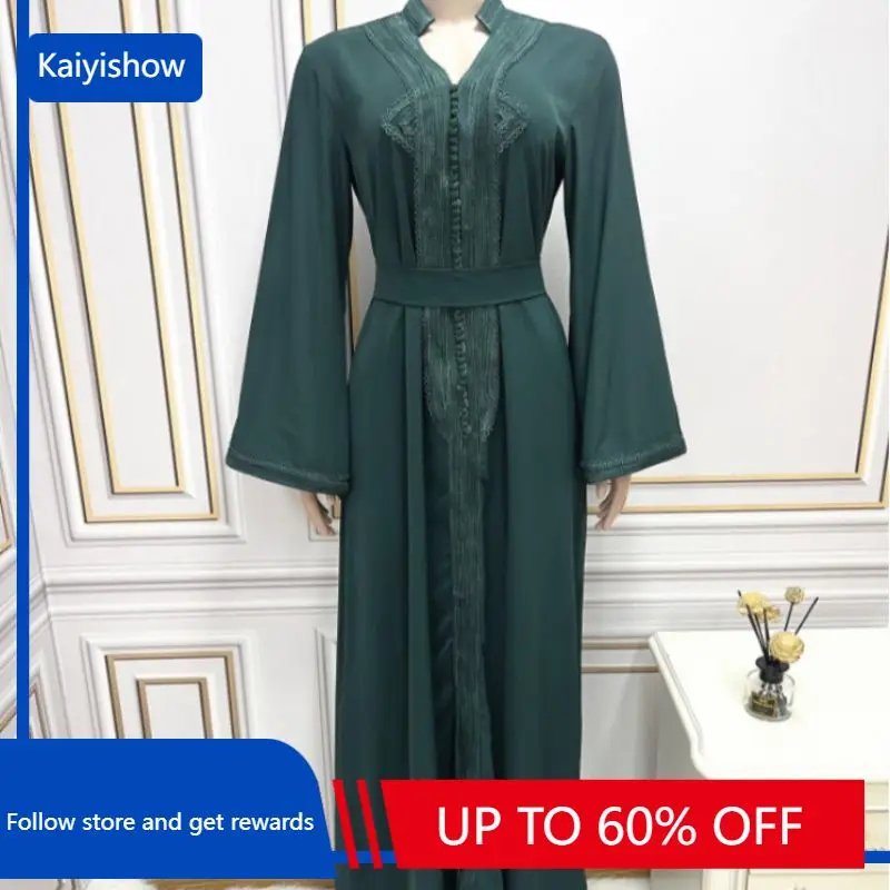 

Женское длинное платье-абайя, элегантное мусульманское платье из полиэстера с длинным рукавом и V-образным вырезом, голубое или зеленое, лето 2023