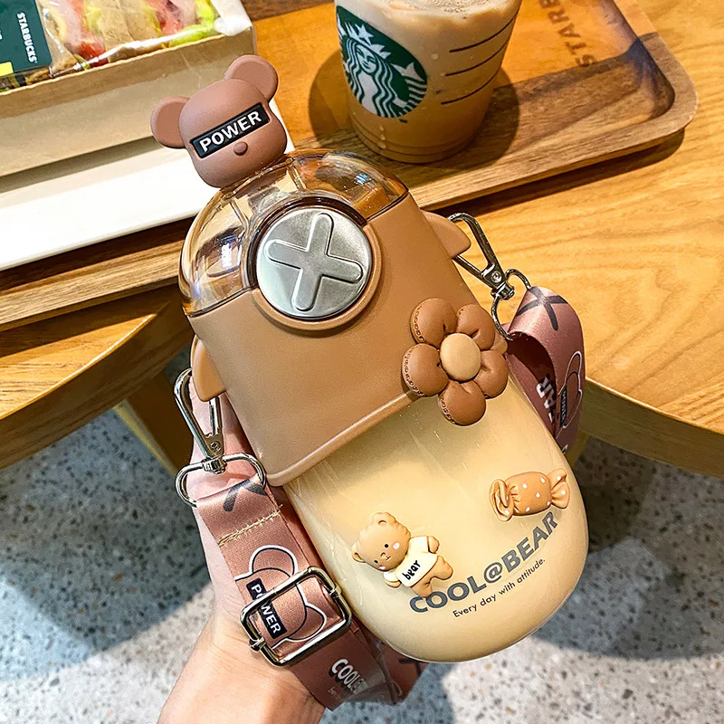 

630ml Water Bottle Cute Bear Creative Micro Landscape Interesting Design Plastic Water Cup Rainbow Color Girl Portable Portable