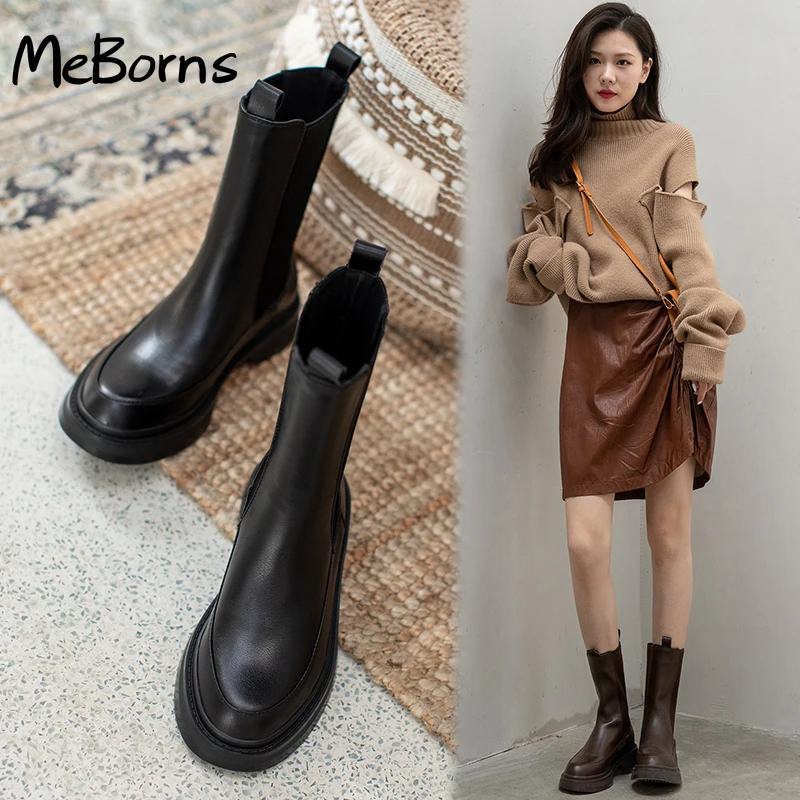 

Hot Genuine Leather Women's Boots Office Lady Slip-On Chelsea Boots Fashion Ankle Boots Round Toe Flat with Women Shoes Platform