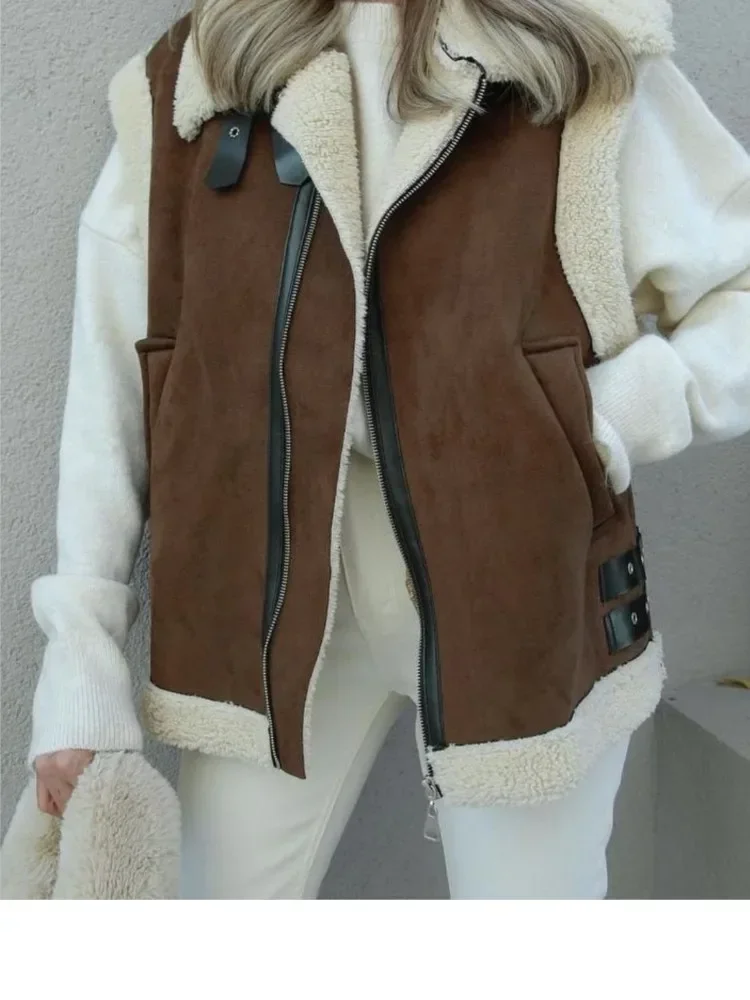 Жилетка женская плюшевая без рукавов уличная одежда с лацканами в стиле пэчворк