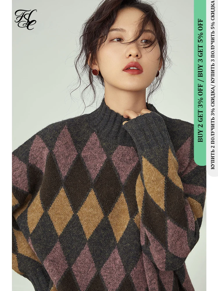 Женский трикотажный свитер в клетку с длинным рукавом | Женская одежда