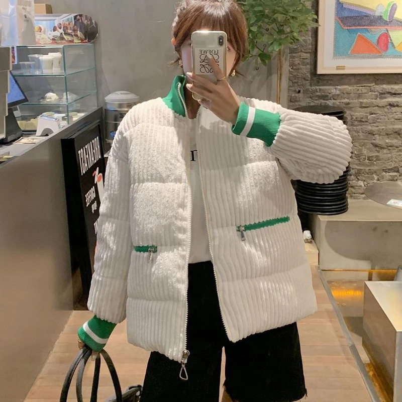 Winter Warm Corduroy Cotton Clothing Coat Women KoreanFashion Loose Casual Zipper Jacket Female Solid Thick Stand Collar Outwear