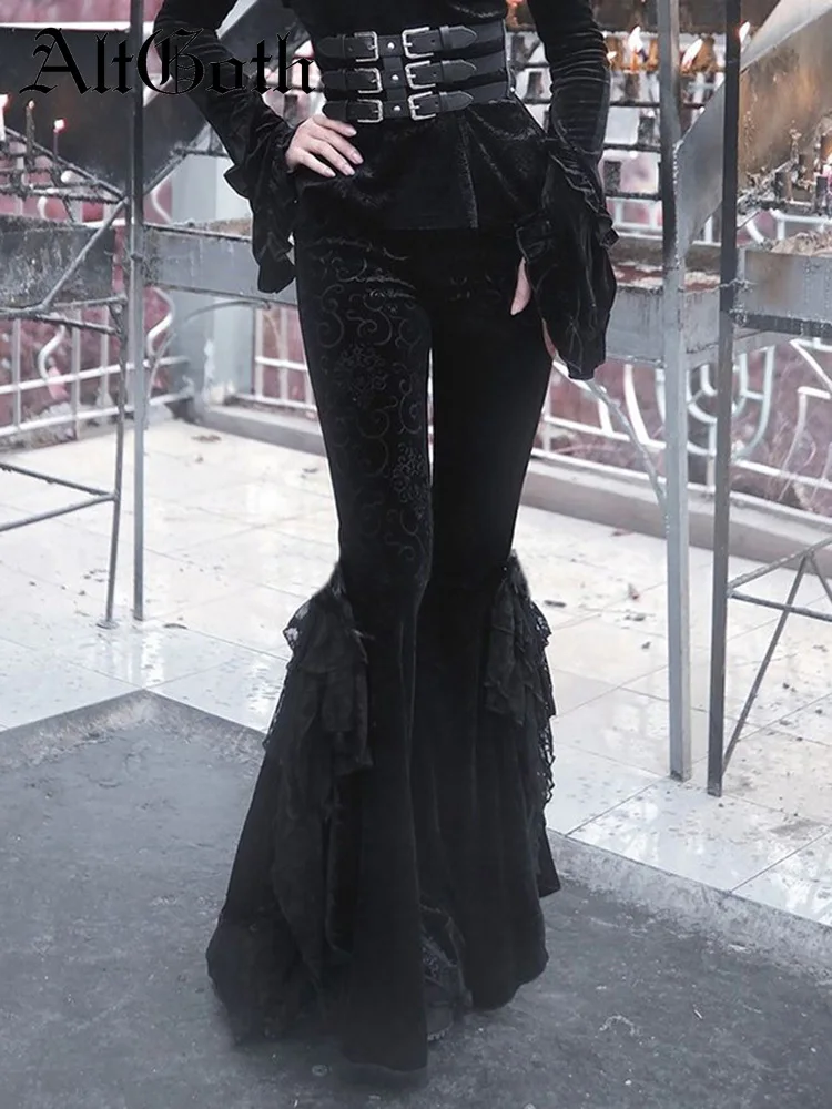 

Женские бархатные брюки с высокой талией AltGoth Dark, винтажные бархатные брюки-клеш в стиле гранж, с кружевом, в стиле эмо, уличная одежда, 2019