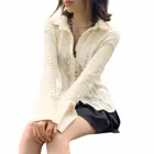 Женские Ажурные кружевные рубашки, Повседневный Кардиган на пуговицах с длинным рукавом и отложным воротником, Женская винтажная дизайнерская сетчатая одежда