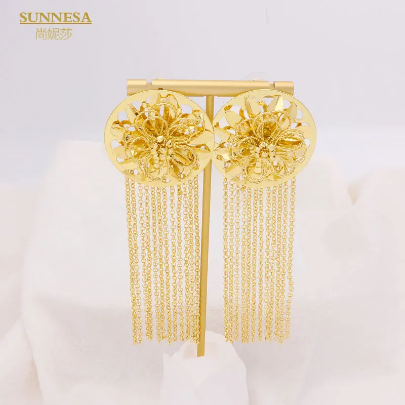 

SUNNESA Copper Plated Fashion Irregular Flower Long Tassel Earrings for Women Luxury African Big Drop Earrings Wedding Jewelry
