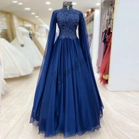 caroline royal blue evening dress long sleeves high neck a line elegant apploques beads women prom gowns party custom made