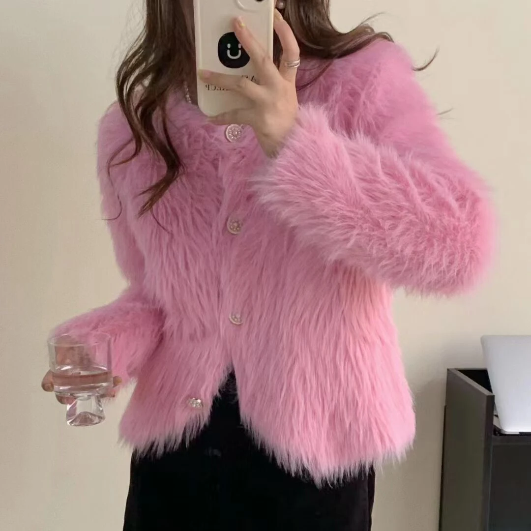 

2022 Fashion Women Pink Imitation Fur Sweater Coat High Quality Autumn Winter Mohair Knitted Beaded Button Soft Short Cardigans