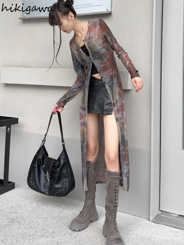 Женская винтажная блузка из газовой ткани прозрачная длинная рубашка с длинным