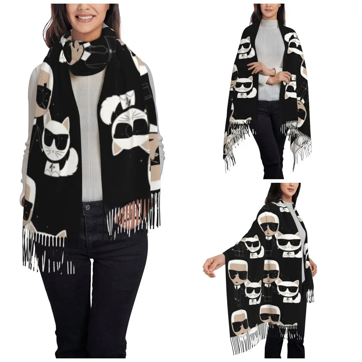 Женский шарф с кисточкой лозунг изображением кота длинная мягкая теплая шаль
