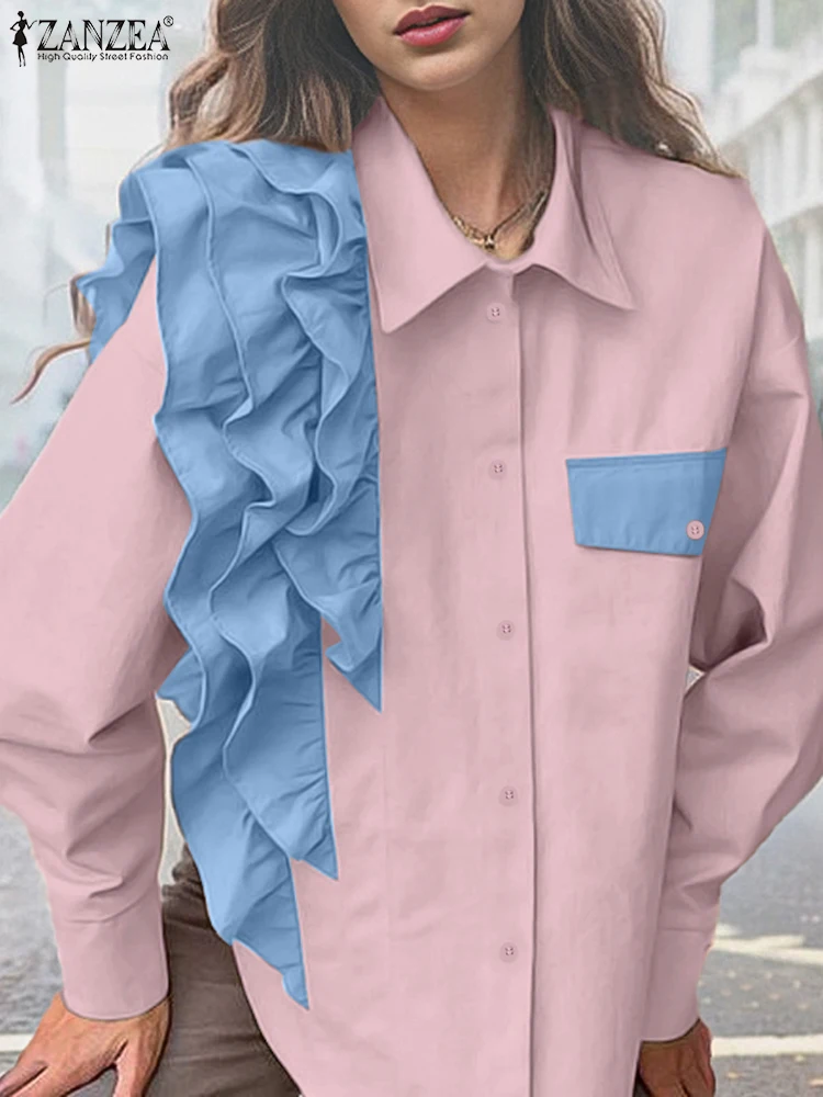 ZANZEA винтажные простые топы с оборками и строчкой повседневные длинными рукавами