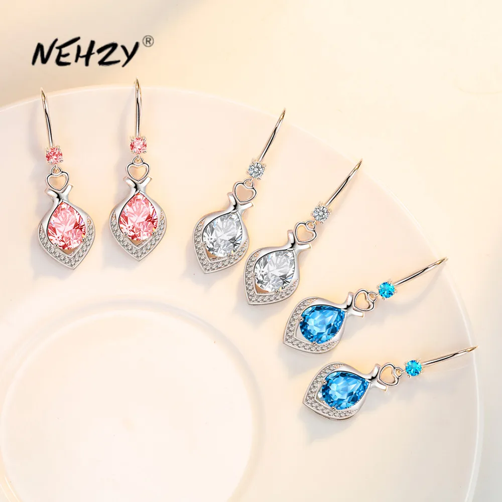 

NEHZY посеребрённые новые женские модные ювелирные изделия высокого качества синие розовые серьги-крючки в форме сердца с фианитом
