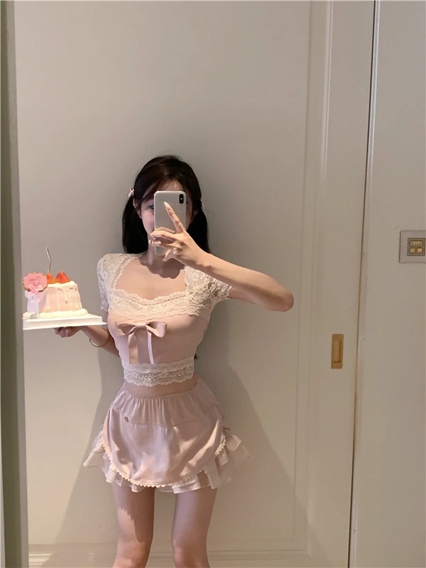

Pink 2 Piece Set Women Summer Bow Decoration Tops and Mini Skirt Lace Patchwork Slim Set Sweet Girls Kawaii Clothes
