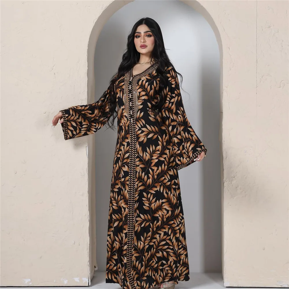 

Diamonds Abaya Dubai Jalabiya Leaf Print Women Arabic Dress Arabian Evening Party Kaftan Islamic Clothes Muslim Moroccan Caftan