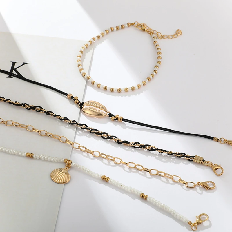 Multi Layered Gold Color Shell Pendant Chains Ankle Bracelet On Leg Boho Pearl Beads Anklet For Women Summer Beach Foot Jewelry