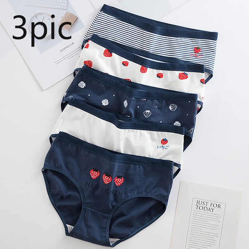 

3pcs Women Panties Cotton Fashion Strawberry Striped Knickers Female Girls Fruit Briefs Soft Breathable Underwear Lingeries