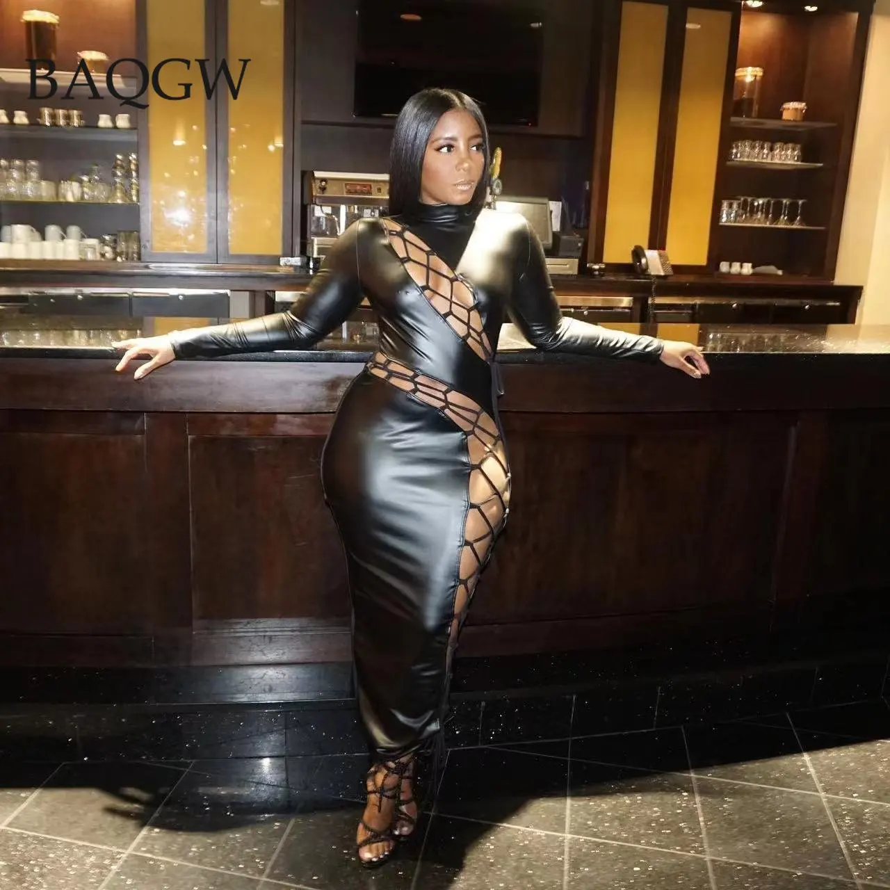 

Autum Gothic Turtleneck Full Sleeve Maxi Long Dress for Women Sexy Hollow Out Zipper PU Leather Skinny Party Club Black Dresses