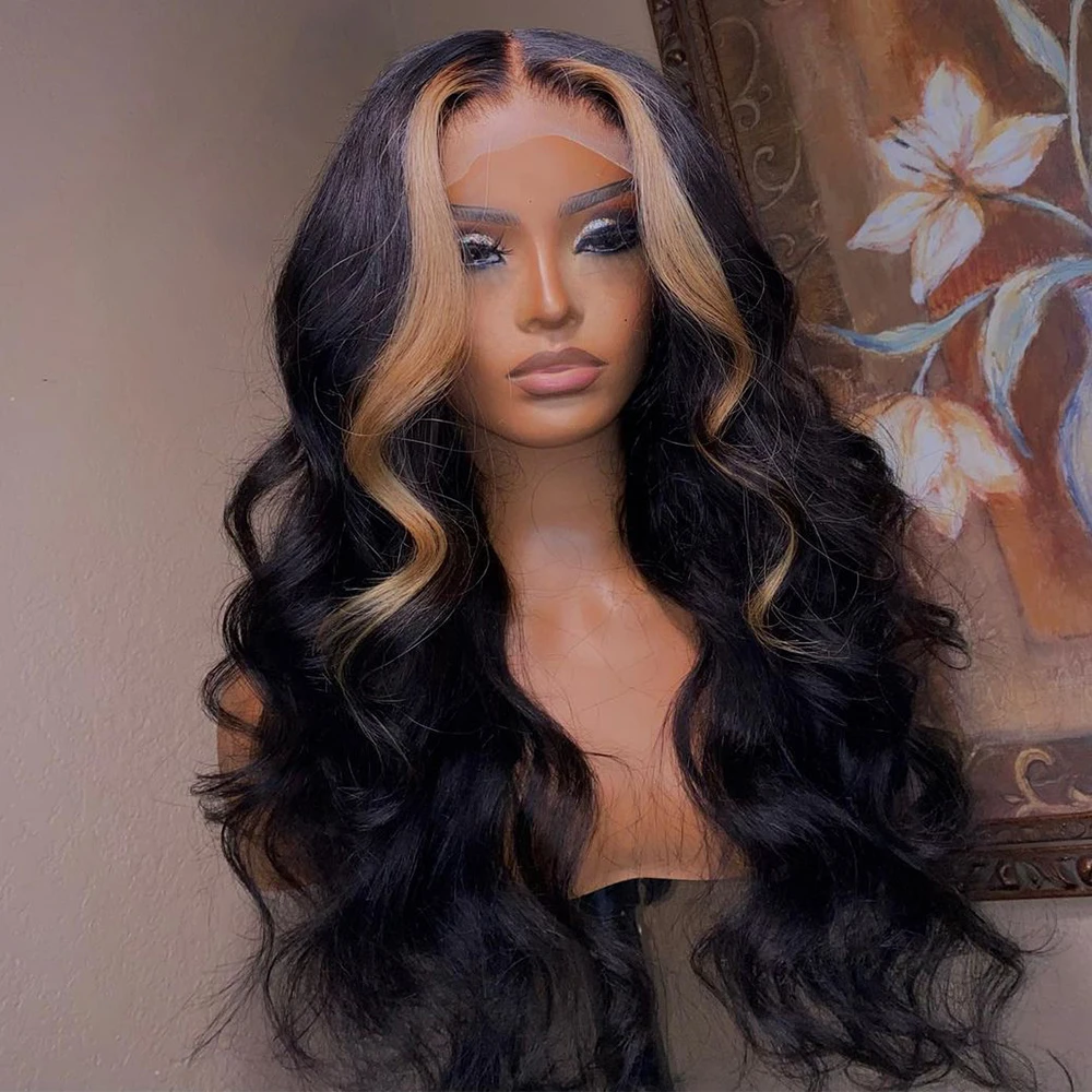 Highlight Black Wig Human Hair Brazilian Glueless Wig Honey Blonde Colored Human Hair Wigs for Women Body Wave Lace Front Wig