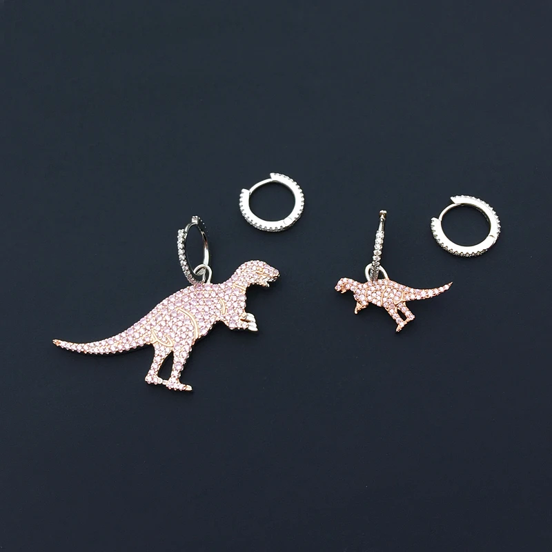 

Amoo Pink Ruby Large Small Dinosaur Asymmetry 925 Sterling Silver Earrings Women Unique Exaggerated Style Animal Eardrop Jewelry