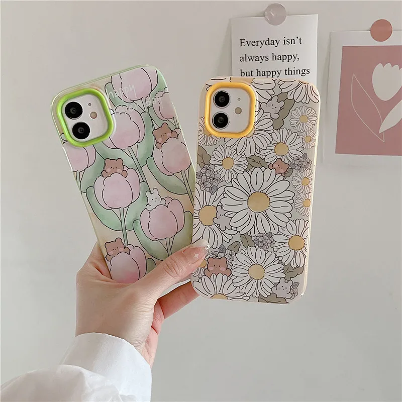 

3 in 1 Cute Cartoon Flowers Phone Cases For iPhone 13 12 11 Pro XS MAX XR 8 7 6S Plus Case Soft Tpu Cover PC Lens Frame