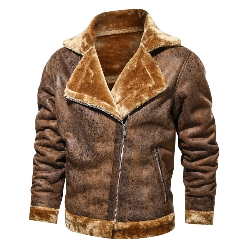 Men's Winter Fleece Motorcycle Leather Jacket Plus Velvet Thick Retro Vintage Leisure Male Outwear Warm Cashmere Inner Coats