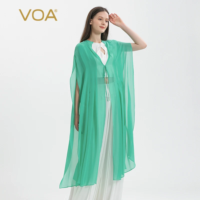 VOA Georgette Mulberry Silk Green V-neck Tie Lightweight Breathable Sun Protection Clothing Trench Coat Cardigan Jacket FE266