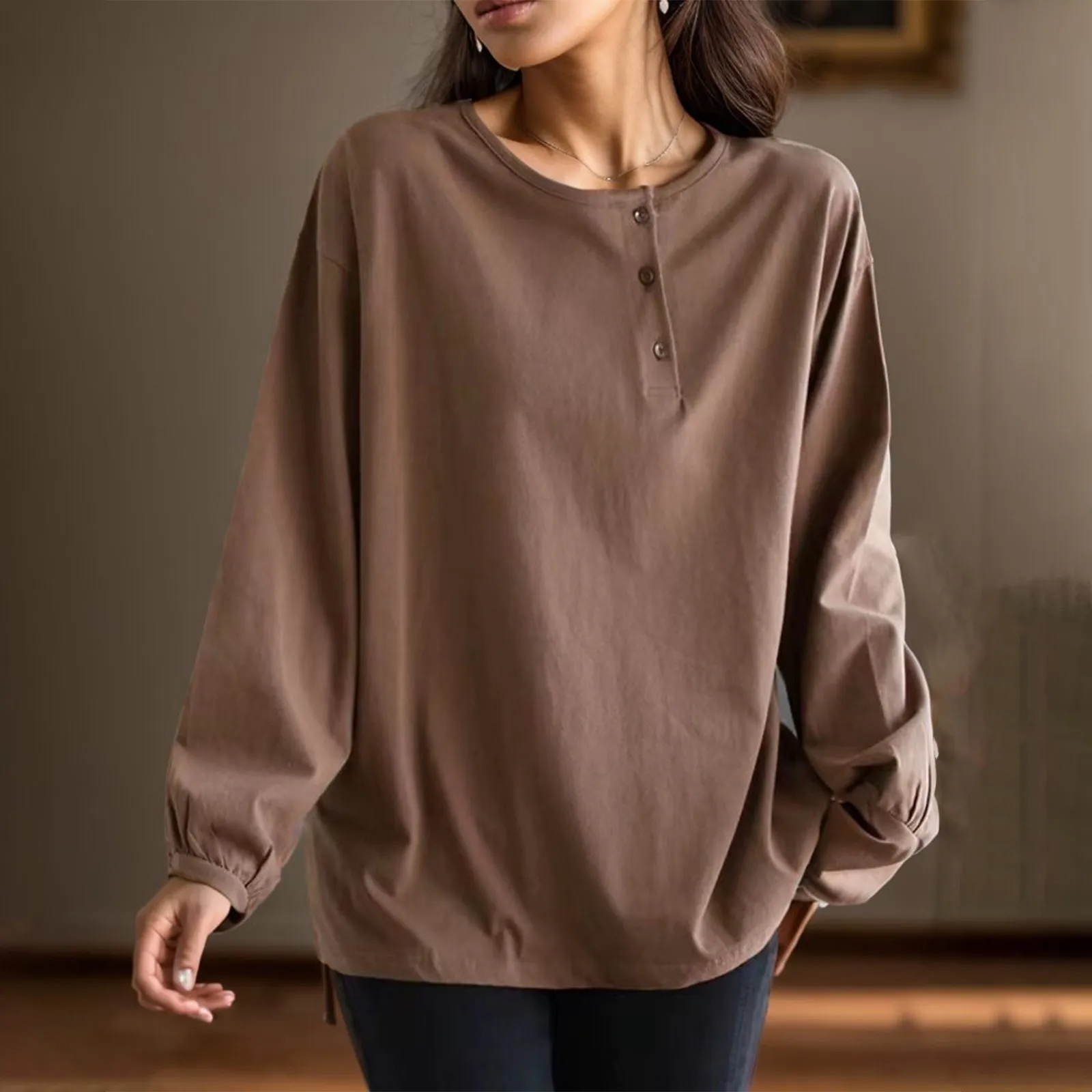 

korean Loose Long Sleeves T Shirts Women Button Crew Collar Slid Color Autumn Blouse Plus Size Hip Hop Harajuku Pullovers Blusas