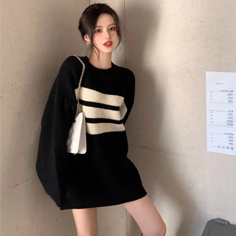 

Loose Outwear Pullovers Jumpers Round Long Sleeve Striped Knitted Sweaters Women Pull Femme Autumn 2022 Mid Length Sweater