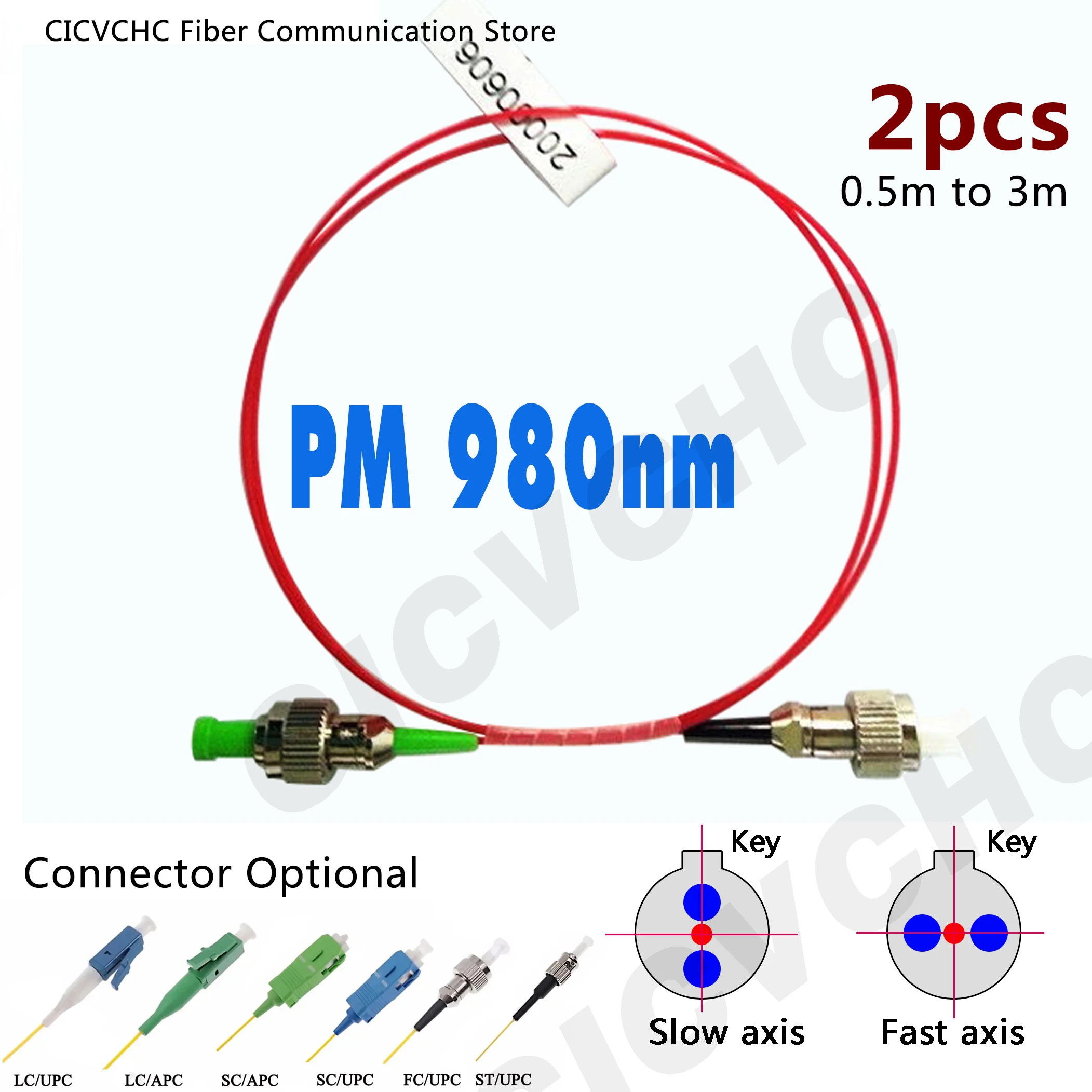 2pcs PM 980nm Fiber Patchcord-SC, FC, LC, ST-Fast or Slow-0.9mm-Polarization Maintaining-Panda Fber-0.5m to 3m