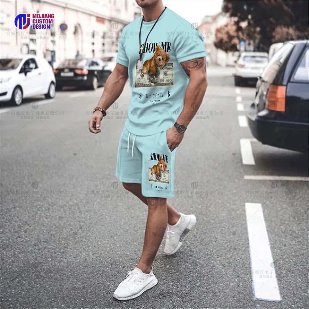 Men's Fun Bear Print T-Shirt Set Fashion Hip Hop Harajuku Short Sleeve Top Casual Oversized O Neck Street Shorts Clothing