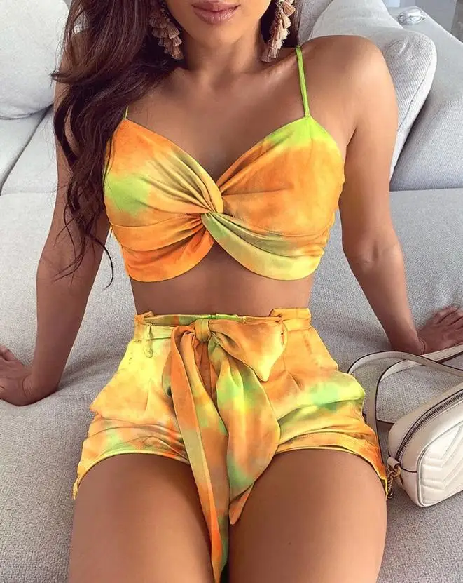 

Beach Resort Women's Two Piece Set 2023 Summer New Sexy and Fresh Tie Dye Print Sleeveless Crop Top&tied Detail Shorts Set