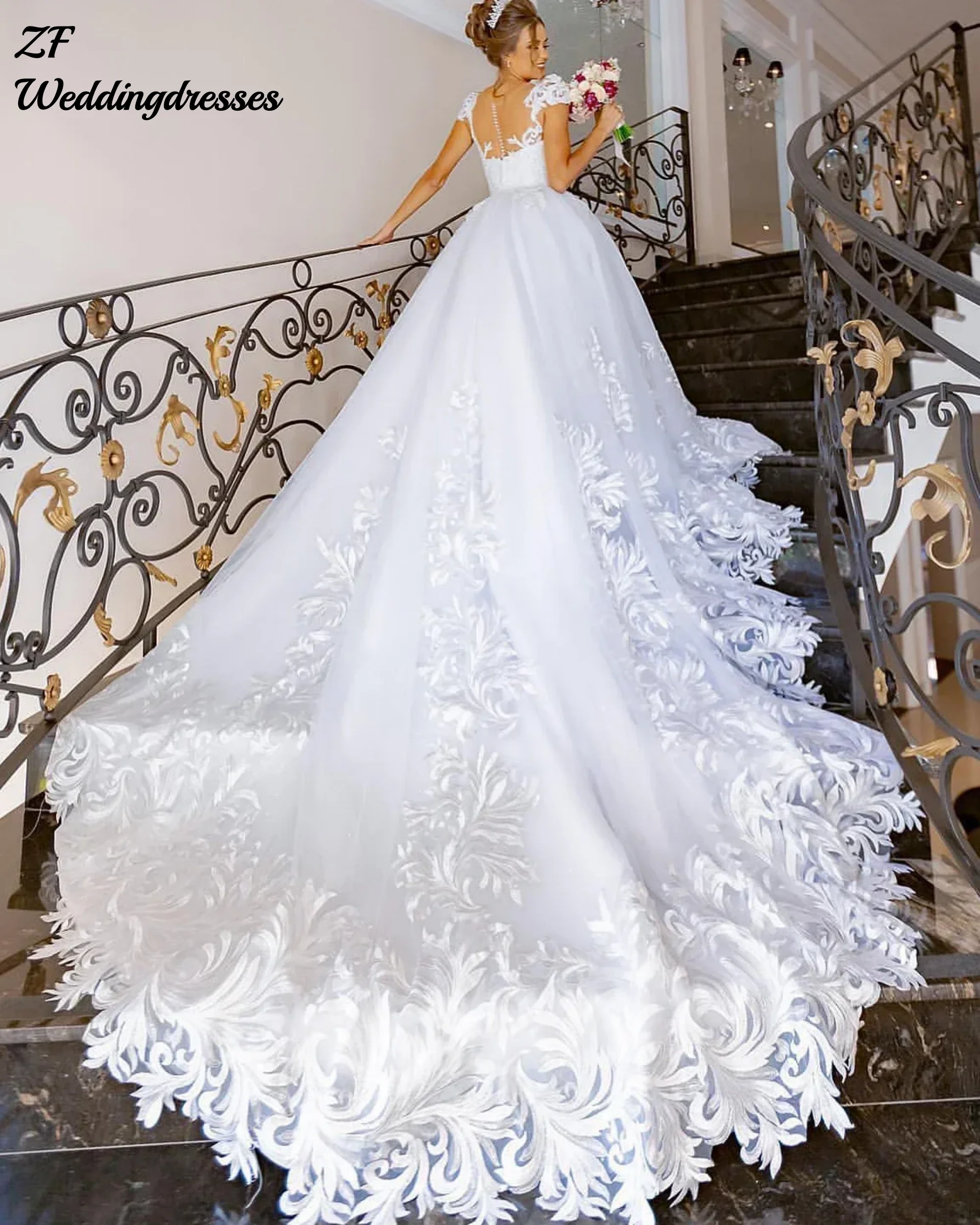 Фото Элегантное свадебное платье трапециевидной формы по индивидуальному заказу с прозрачным V-образным вырезом и короткими рукавами, Vestido Casamento, свадебные платья с цветочной аппликацией №2