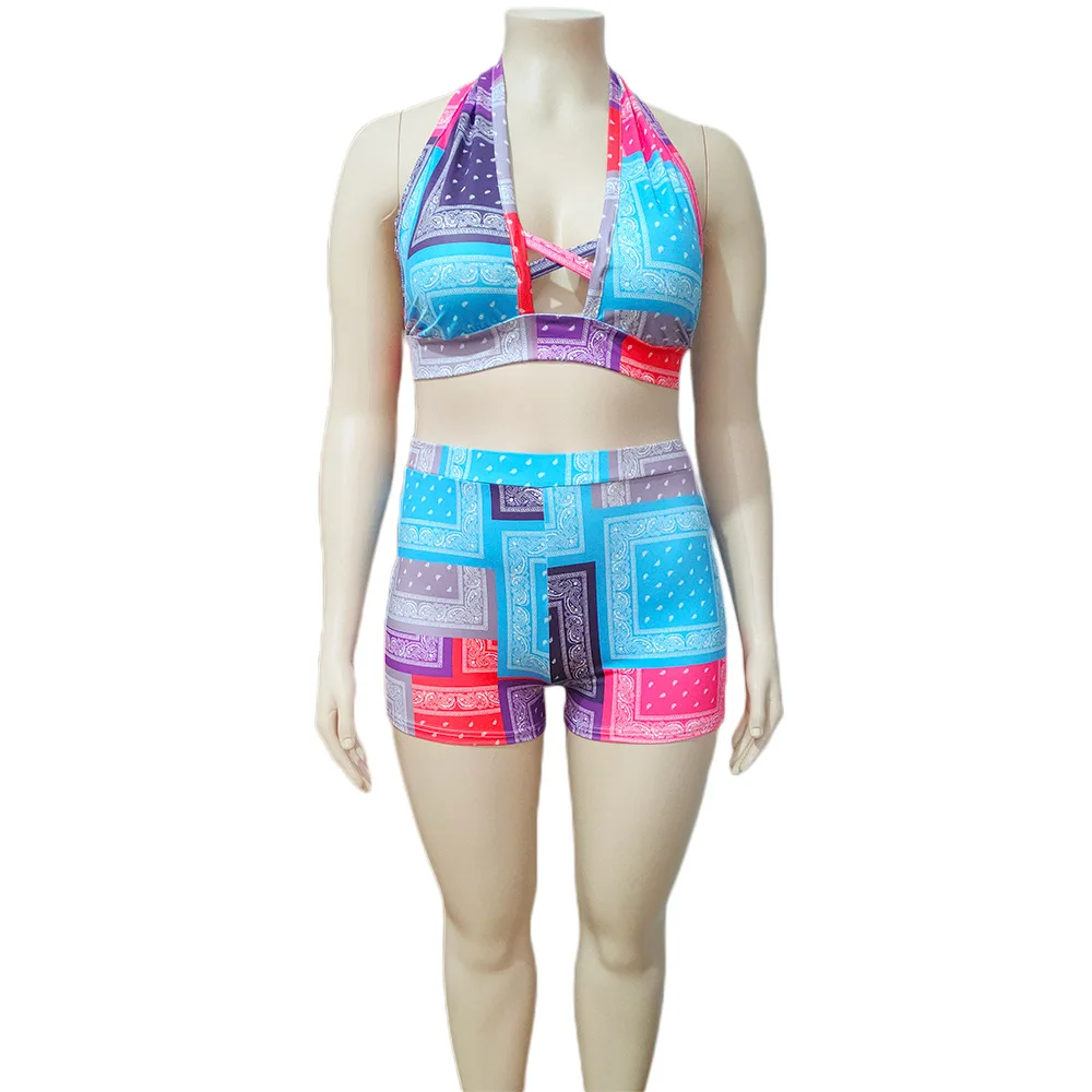 Plus Size Two Piece Set Bandana Shirt and Pant Sexy Women Bodycon Outfit 2022 Summer Print Tracksuit Female Casual Fashion Top