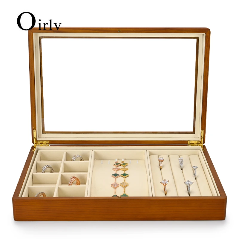 

Oirlv Retro Multi-function Jewelry Organizer Box Wooden Ring Display Trays Bracelet Storagecase with Microfiber Ladies Gift