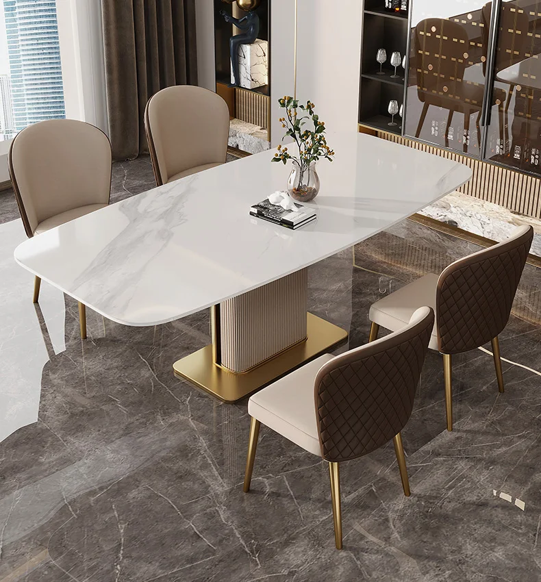 

High end Italian light luxury bright rock plate dining table and chair stainless steel household modern simple designer marble d