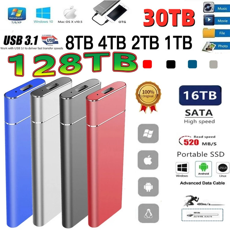 

2023 New Portable SSD Type-C USB3.1 2TB External Mobile Solid State Drive 8TB High Speed 1TB Hard Drive For Laptop Mass Storage
