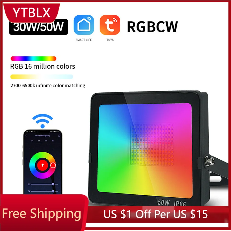 

Tuya Smart Wifi Bluetooth RGBCW Led Floodlight 30W 50W IP66 Waterproof RGB Reflector Wall Lamp Outdoor RGB LED Spotlight