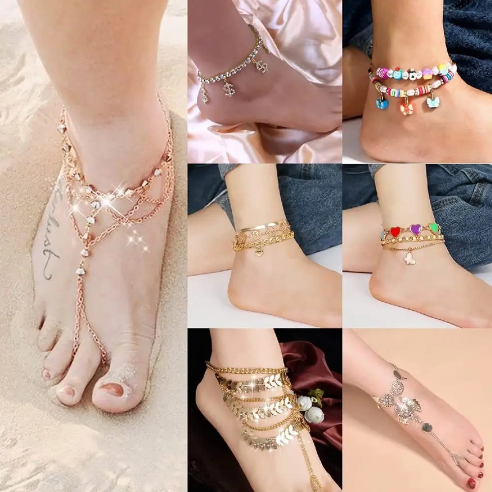 

Gold Color Jewelry Gift Summer Beach for Women Tassel Chain Anklet Rice Bead Anklet Layered Anklet Rhinestones Bracelet
