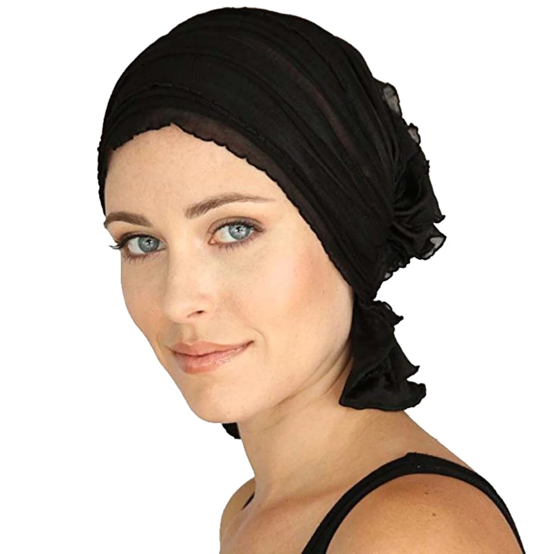 Women Turban Ruffle Cap Vintage Beanie Headscarf Elastic Pleated Ruched Headwrap