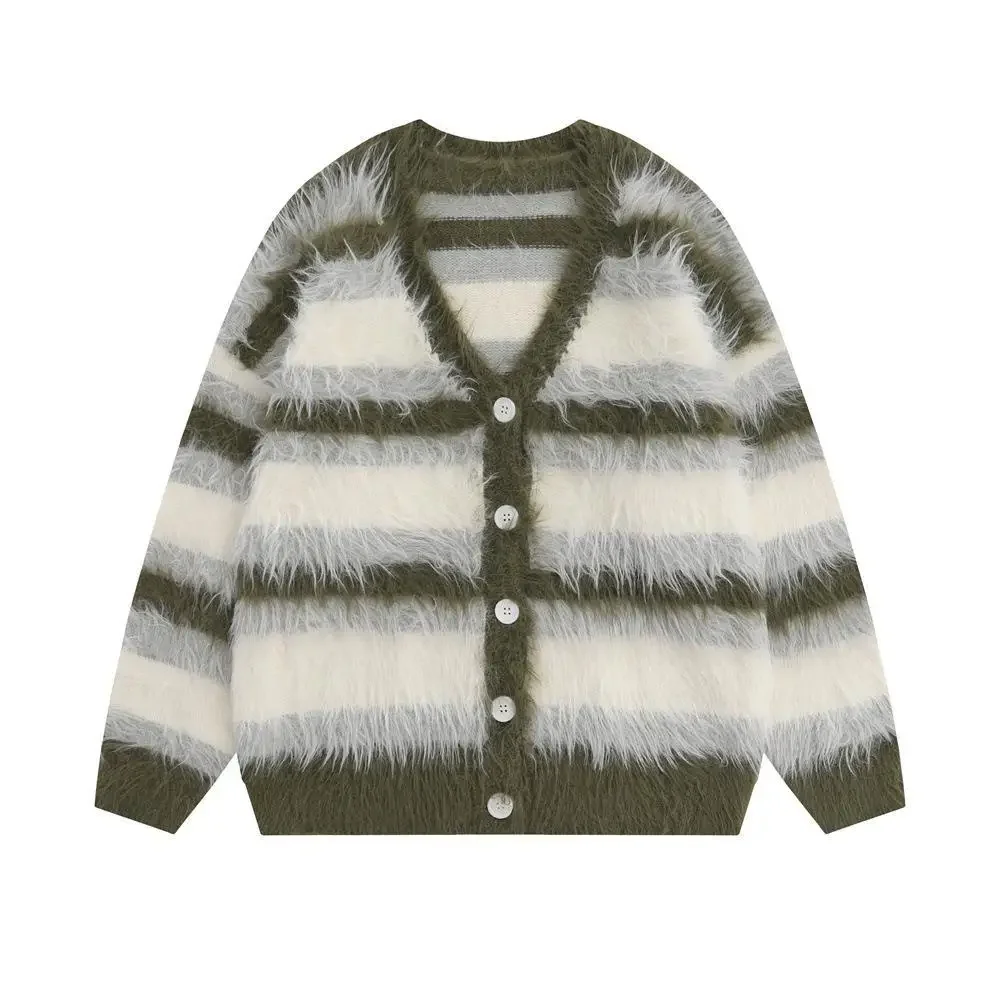 Полосатый свитер на флисовой подкладке с v-образным вырезом осень-зима свободный