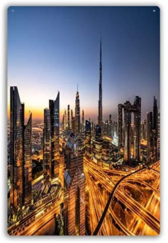

Vintage Retro Metal Wall Decor Dubai Skyline at Sunrise with Traffic Junction and Burj Khalifa