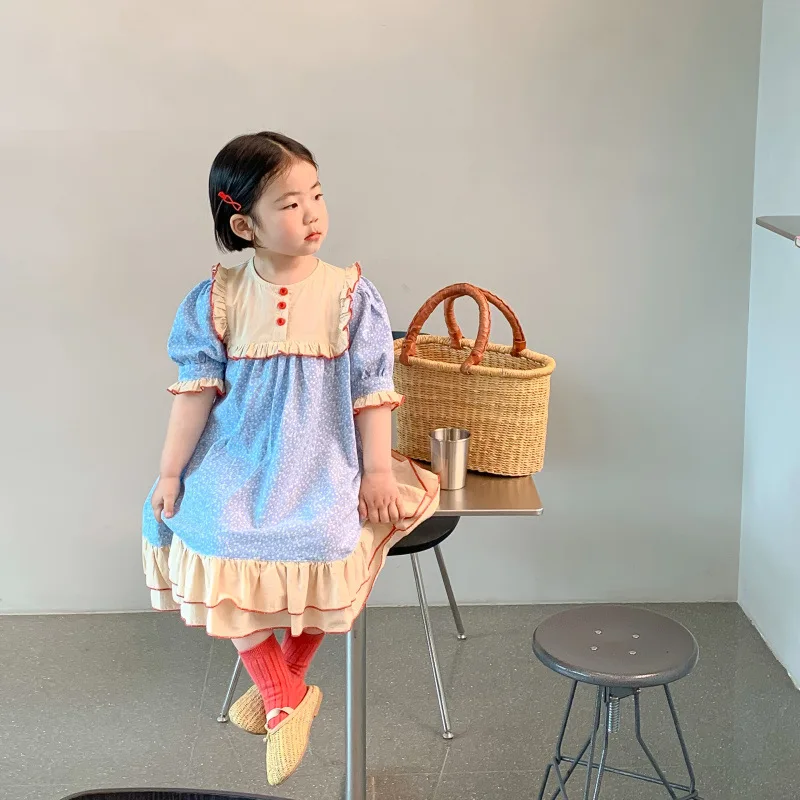 

Summer Girls Dress KoreanVersion Blue Small Broken Flower Flounce Hem Exotic Sweet Temperament Princess Skirt 2-8 Years Old