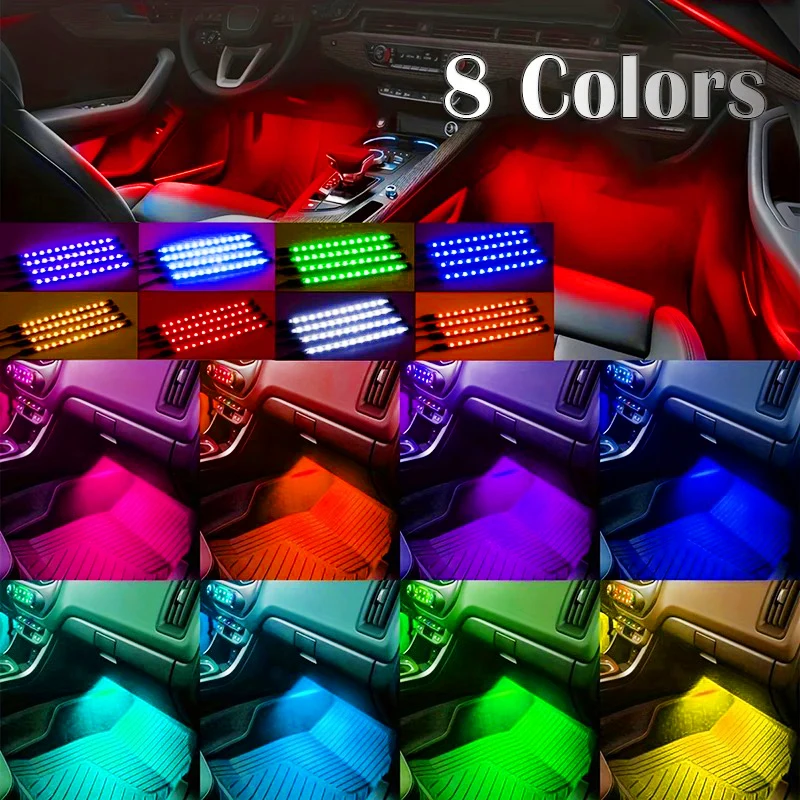 Фото Комплект из 4 светодиодных светильников для салона автомобиля - RGB, питание от USB, красочные подсветки для ног с синхронизацией с музыкой для улучшения атмосферы, Рождество №2
